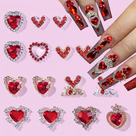 Valentine's Day Nail Charms for Nail Art, -15 Pcs Heart Nail Charms Red Heart Nail Rhinestones 3D Crystal Alloy Gold Silver Heart Nail Gems Charms for Acrylic Nails DIY Nail Decoration Supplies