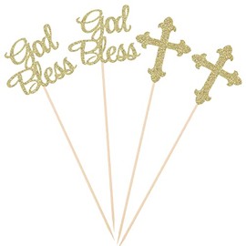 Pack of 10 Sparkly God Bless and Baptism Table Toppers for Christian Community Party Decorations Centerpiece Sticks - Gold