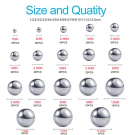 Breezliy 304 Stainless Steel Ball18 Sizes 1-12.5mm Metric Precision 304 Stainless Steel Assorted Loose Bicycle Bearing Steel Ball Assortment Kit 390pcs