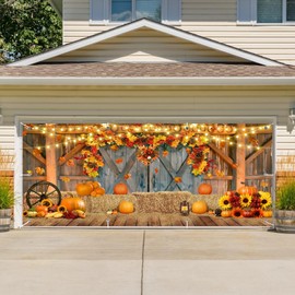 CSFOTO 7x16ft Autumn Pumpkin Garage Door Decoration Banner Harvest Pumpkin Wooden Door Maple Leaf Farm Theme Garage Decoration Wallpaper Thanksgiving Party Indoor Outdoor Decoration Mural Banner