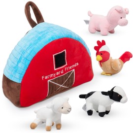 PixieCrush Plush Barn with Farm Animals - Set of 5 - Soft Textiles - Includes 4 Stuffed Farm Animals - Sheep Pig Cow Chicken - Farmyard Carry Bag - Portable and Easy to Carry - Multicolor
