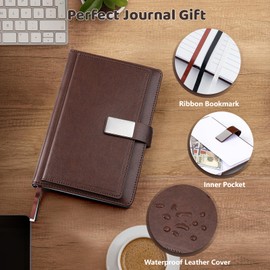ExecNote Lined Journal Notebook for Men and Women, Hard Cover, Leather, College Ruled Notebook for Work, 256 Pages of 100 GSM Paper, A5 Size, Pen included; Holiday Gift for Coworkers, Dark Brown