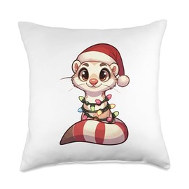 Festive Favourite Animals In A Christmas Look Santa Hat Christmas Fairy Lights Ferret Throw Pillow, 18x18, Multicolor