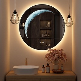 Black Round Mirror 30 inch, Circle Framed Mirror with Backlit & Half Moon Light, Anti-Fog, 3 Color Modes, Dimming Wall-Mounted LED Mirrors for Bathroom, Home Decor, Bathroom, Entryway