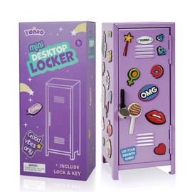 YOBRO Mini Locker with Lock and 2 Keys, 24PCS Magnetic Girl Power Themed Decor Stickers, Mini Lockers for Kids, Miniature Storage Locker for Desk, Home, Bedroom, Purple