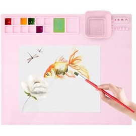 Silicone Craft Mat with Built in Cleaning Cup and Paint Holder, Art Silicone Mat Large, 19.9"x16.9" Clay Mat, Nonslip Room Silicone mat for Painting, Table, Resin and Play, Pink