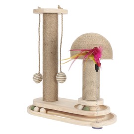 Cat Toy Cat Scratching Post 2 Layer Ball Track Kitten Scratcher Cat Toy, Sturdy Pine Hemp Cat Scratch Post Interactive Toy with Wood Ball, Suction Cup Base Cat Scratcher Toy