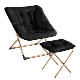 Youtanic Comfy Oversized Saucer Chair with Ottoman,Soft Faux Fur Reading Lounge Chair for Adults,Stable X-Large Metal Frame and Non-Slip Pad,Cozy Chair for Bedroom, Living Room, Dorm, Office, Black