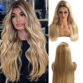 Highlights Lace Front Wigs Human Hair Ombre 13x6 HD Straight Golden Brown Mixed 613 Blonde Balayage Lace Frontal Wigs for White Women 180% Density Glueless Pre Plucked with Baby Hair 16 Inch