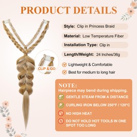 Clip in Braid Hair Extension, 24" Boho Braided Hair Piece for Women Handmade Synthetic Braided Hairpiece for Wedding Cosplay Ren Faire Festival Daily - Honey Blonde