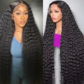 UTracycoy Deep Wave Lace Front Wigs Human Hair Pre Plucked 180 Density 13x4 HD Transparent Lace Frontal Wigs for Black Women Deep Curly Human Hair Lace Front Wigs (24 Inch)
