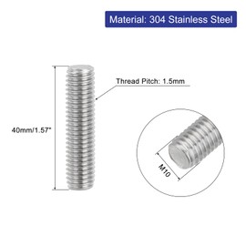 sourcing map 4Pcs Fully Threaded Rod, M10 x 40mm 304 Stainless Steel Right Hand Thread Bar Studs M10-1.5 Thread Pitch for Furniture Machinery Assembly