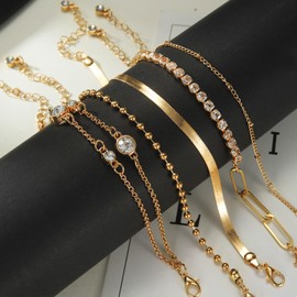 IFKM 5pcs Dainty Bracelets for Women, 14K Gold Plated Layered Adjustable Link Bracelets Cute Tennis CZ Twisted bead Snake Chain Bracelet Layered Charm Jewelry Gift