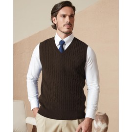 Kallspin Men’s Cable Knit Sweater Vest Pure Cotton V-Neck Sleeveless Knitted Pullover for Fall Winter(Brown, XL)