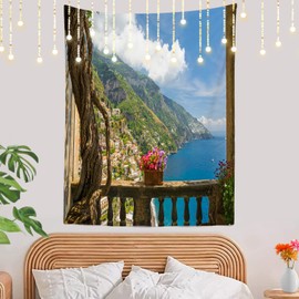 Shrahala Beautiful Spring Tapestry, Positano Amalfi Coast Italy Wall Hanging Large Tapestry Psychedelic Tapestry Decorations Bedroom Living Room Dorm(59.1 x 39.4Inches, Blue Coast)
