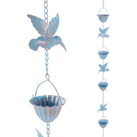 Metal Rain Chain, 7.9 Foot Rain Catcher Chain with 7 Water Cups and 7 Removable Hummingbird Decorative Rain Chains, Easy to Install Gutter Rain Collector Chain for Eaves Drainage