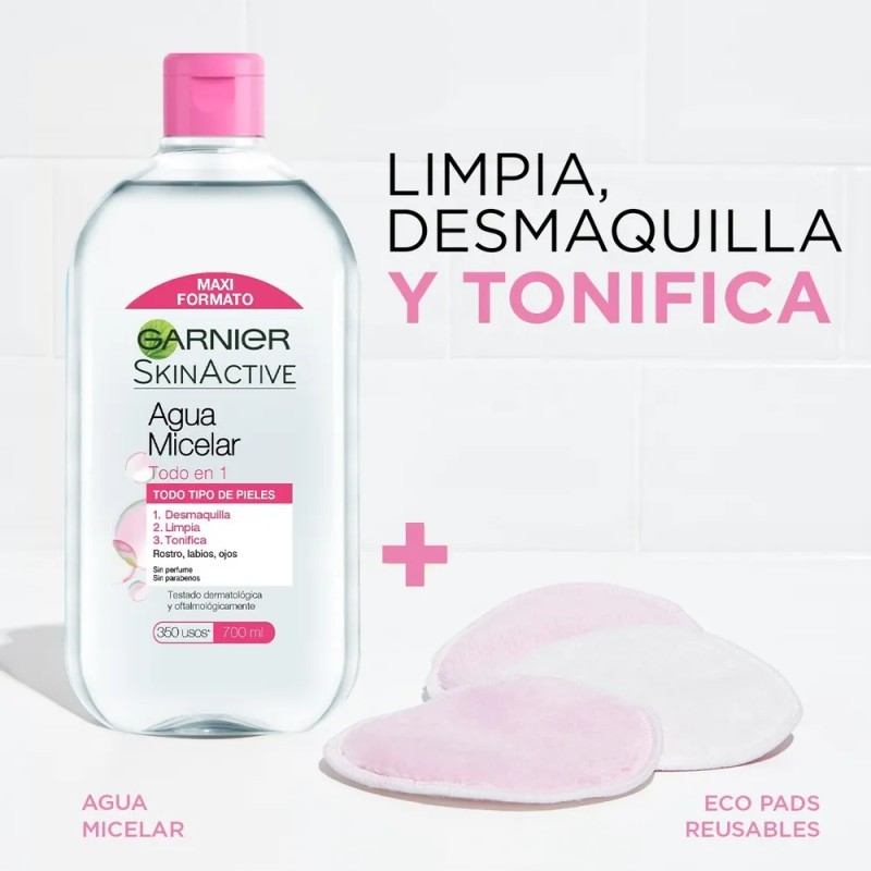 Kit Agua Micelar 700ml +3 Ecopads Reutilizables Garnier