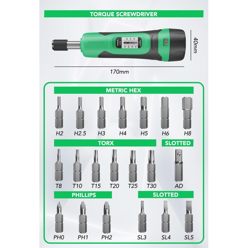 LLAVETOR Torque Screwdriver, 1/4" Drive Screwdriver Torque Wrench 10-70 Inch
