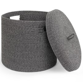 WILLITAT Storage Basket with Lid, Woven Blanket Storage for Living Room, Cute Cotton Rope Bin with Lid, Round Wicker Laundry Basket with Cover, Decorative Kid Dog Toy Box, Nursery Organizer, 15"x13"