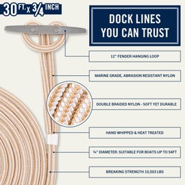 RainierSupplyCo Dock Lines - Boat Rope for Docking with Loop - 30 ft x 3/4 Inch Premium Double Braided Nylon Marine Rope - Mooring Line with 18" Eyelet - Boat Accessories - White Gold