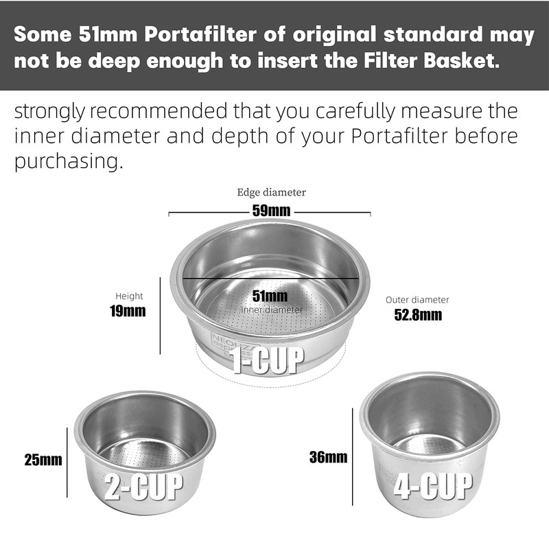 NEOUZA 51mm Stainless Steel Filter Basket 1/2/4 Cup for Espresso