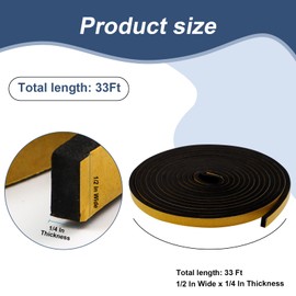 Weather Stripping Door Seal Foam Tape for Doors Windows 1/2 Inch W x 1/4 Inch T 33 FT Strong High Density Foam Insulation Strips Adhesive Tape Black