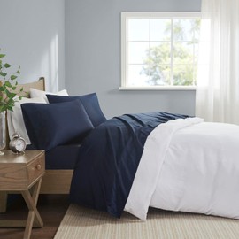 Madison Park 600 Thread Pima Cotton Bed Sheets, Luxurious Line Accent Hem Design, Premium 15" Elastic Pocket Fits up to 17" Mattress, All Season Bedding & Pillowcases, Queen Navy 4 Piece