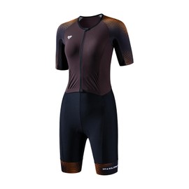 MY KILOMETRE Women's Triathlon Suit – Quick-Drying Sleeved One-Piece Tri Suit with Full Lock Front Zip and UPF 50+ for Swimming, Cycling, Running (Brown M)