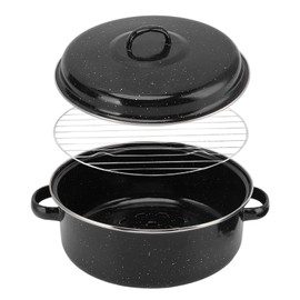 Black Enameled Steel Round Roaster Pot with Iron Lid and Rack, Nonstick