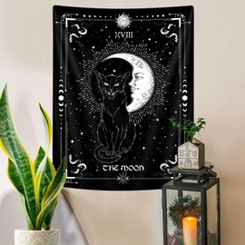 Gothic Black Cat Vertical Tapestry, Witchy Black and White Tarot Card Wing Bat Cat Cool Tapestry for Men, Moon Phases Aesthetic Anime Witchcraft Satanic Art Tapestry Wall Hanging for Bedroom Living