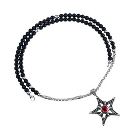 BLEUM CADE Double-Sided Star Wiccan Witch Magical Power Pentagram Pendant Necklace with Black Agate Stone Chain 26" (Red)