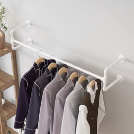 Industrial Pipe Clothes Racks, Wall Mounted Garment Racks, Space-Saving Display Hanging Clothing Racks, Heavy Duty Steampunk Detachable Multi-Purpose Hanging Rod for Closet Storage, Black (White)