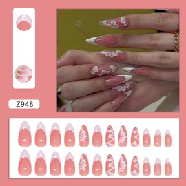 Press on Nails Long Stiletto French Tip Floral Design Reusable Fake Nails Full Cover Ballerina Glossy Stick on Nail Summer Flowers False Nails Artificial on Nail for Women and Girls Nails 24Pcs