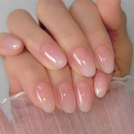 Outyua Almond Press on Nails Medium Fake Nails Bling Full Cover False Nails French Gradient Acrylic Artificial Glossy Nails for Women and Girls 24PCS