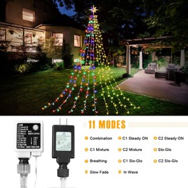 Christmas Decorations Star String Lights, 320 LEDs Outdoor Waterfall Tree Lights with 13" Topper Star, Plug in Waterproof Hanging Fairy Lights for Xmas New Year Holiday Party Yard Decor
