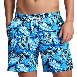 MADHERO Mens Swim Trunks Vintage Floral Quick Dry Beach Shorts Bathing Suit with Mesh Lining Blue Black Leaves Size 2XL