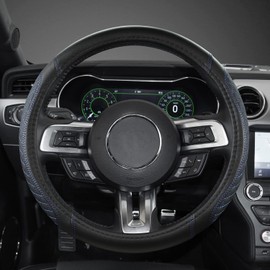 West Llama Car Steering Wheel Cover for Ford Escape,Explorer,Fusion,Focus,Bronco,Transit,Edge(Diamond Quilted-Black+Blue- Standard Size)