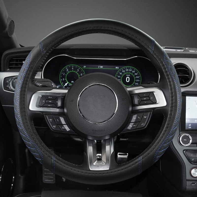 West Llama Car Steering Wheel Cover for Ford Escape,Explorer,Fusion,Focus,Bronco,Transit,Edge(Diamond Quilted-Black+Blue-