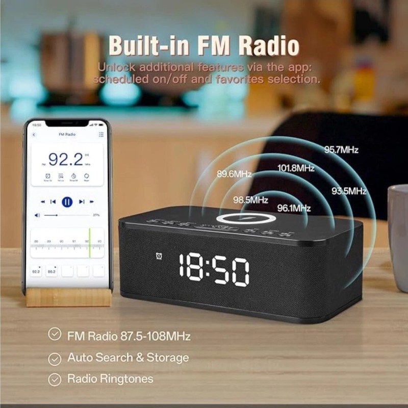 Fansbe Bluetooth speaker, Wireless Charger, White Noise, Dual Alarm Clock,