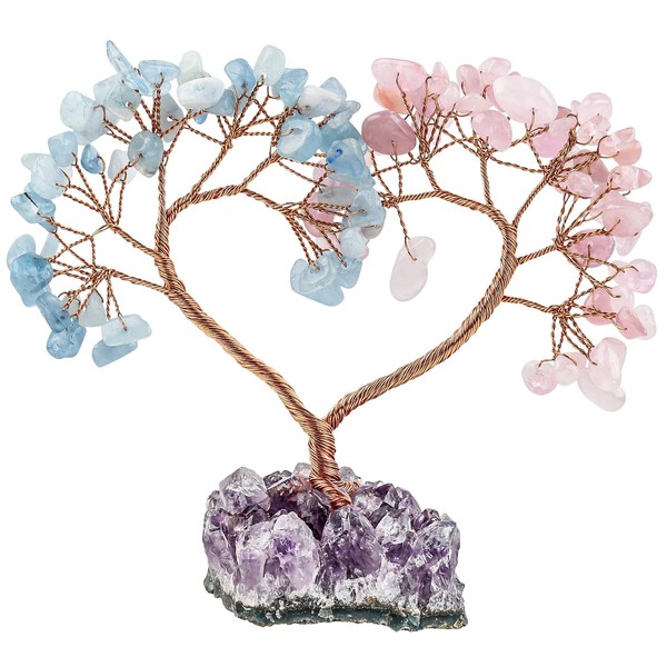 TUMBEELLUWA Crystal Stones Money Tree with Natural Amethyst Cluster Base Handmade Heart Love Figurine Bonsai Tree for Good Luck and Wealth, Aquamarine+Rose Quartz