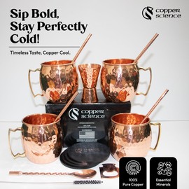 Copper Science Moscow Mule Mugs Set of 4 | 100% Pure Handcrafted Copper Cups with Straws, Shot Glass, Coasters, Stirrer & Bottle Opener | Ideal for Home Bar, Cocktail Gifts & Beer Mugs