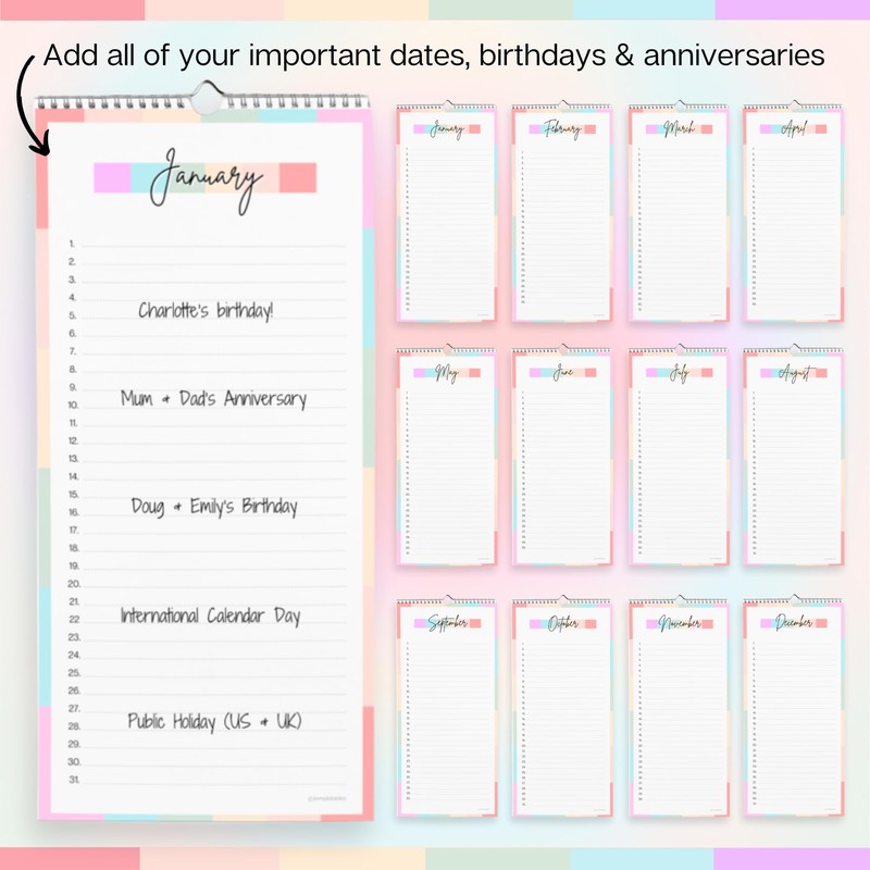 Perpetual Monthly Wall Calendar for Birthdays, Anniversaries & Special Dates