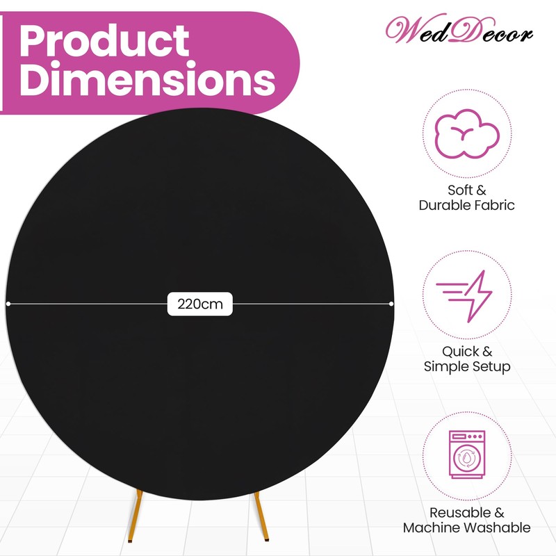 WedDecor 7.2ft (220cm) Black Round Backdrop Cover Adjustable Spandex Wrinkle