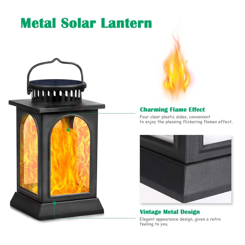 TomCare Solar Lights Flickering Flame Metal Solar Lantern Outdoor Hanging
