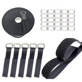 1 Inch x 16 Ft Hook and Loop Straps with 25 Metal Buckles - 50lbs Heavy Duty Reusable Cable Ties, Adjustable Cut-to-Length Securing Straps for Cord Management, Outdoor Gear & DIY (Black)