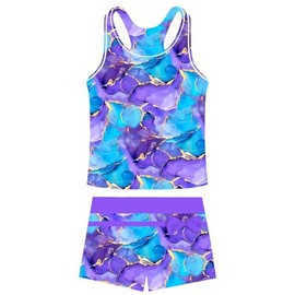 ACOCOPY Tankini Sets for Girls 2 Piece Marbling Swimsuits Kids Sleeveless Beach Tank Short Quick Dry Swimming Suit Size 6-7
