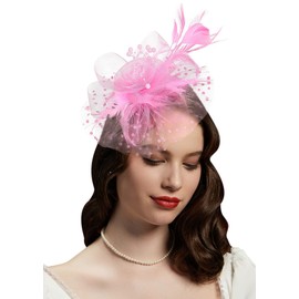 Cizoe Fascinators Hat for Women Tea Party Headband Kentucky Derby Wedding Flower Cocktail Mesh Feathers Hair Clip(1-Pink)