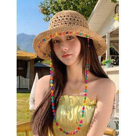 Floppy Straw Sun Hat for Women Foldable Crochet Straw Cap Hollow Outdoor Summer Beach Hat with Multicolored Wooden Bead
