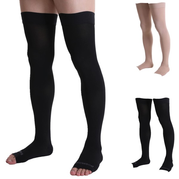 Doc Miller Thigh High Open Toe Compression Stockings 20-30mmHg for Varicose Veins, Pregnancy Support Open Toe Thigh High Compression Socks for Women and Men - 1 Pair Black Large