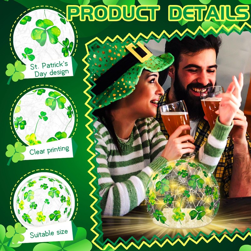 2 Pcs St Patrick's Day Decorations Lighted Glass Ball Tabletop
